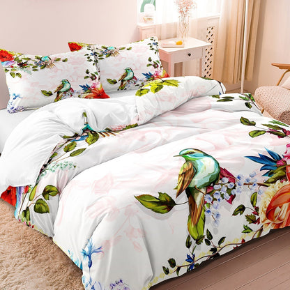 Cotton Duvet Cover Set | Elegant Floral and Bird Print Bedding