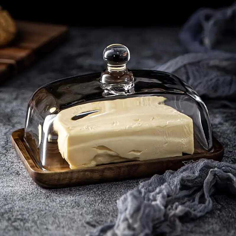 Tray Butter Dish | Wooden Base with Sleek Glass Lid