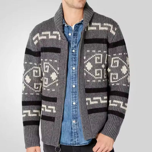 Logan | Men’s Zip-Up Wool Cardigan with Patterned Sleeves