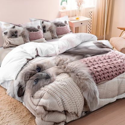 Cute Cat Motif Bedding Set | 3-Piece Cotton Duvet & Pillowcase Set