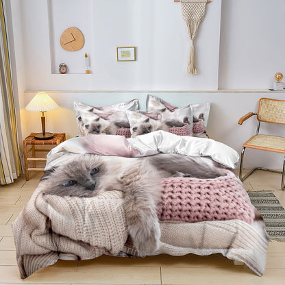Cute Cat Motif Bedding Set | 3-Piece Cotton Duvet & Pillowcase Set