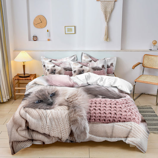 Cute Cat Motif Bedding Set | 3-Piece Cotton Duvet & Pillowcase Set