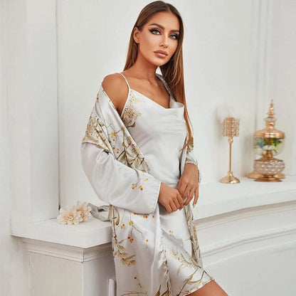 MoonPetal Dreamwear Set | Luxe Satin Nightdress Paired with a Bloom-Kissed Robe