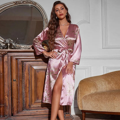 GoldenBloom Kimono Robe | Satin Elegance Draped in Lustrous Florals & Timeless Grace