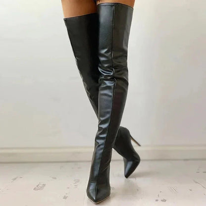 Isabella | Women’s Pointed Leather Overknee Boots with Stiletto Heel
