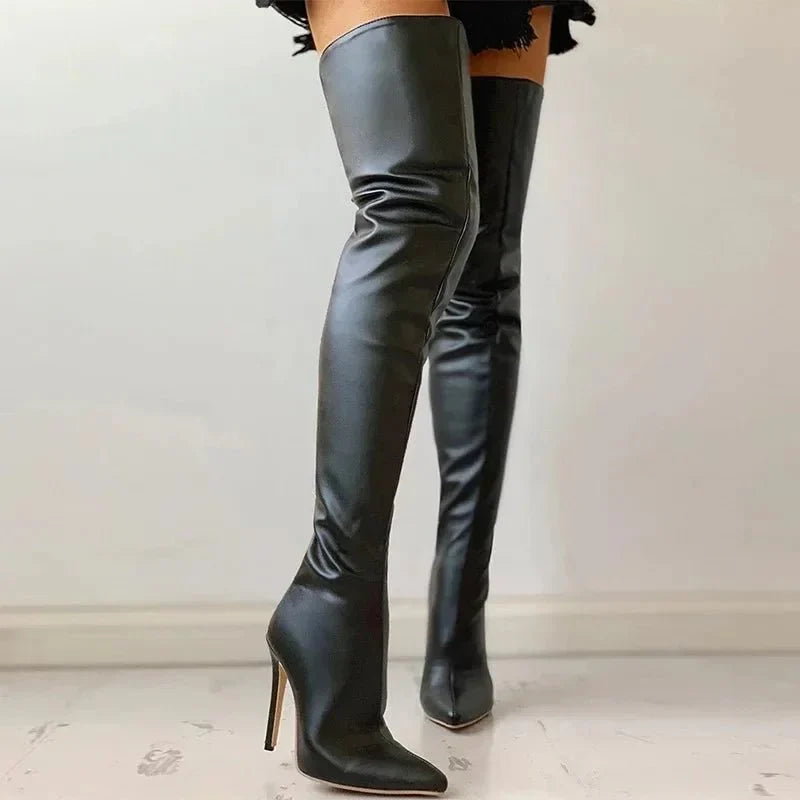 Isabella | Women’s Pointed Leather Overknee Boots with Stiletto Heel