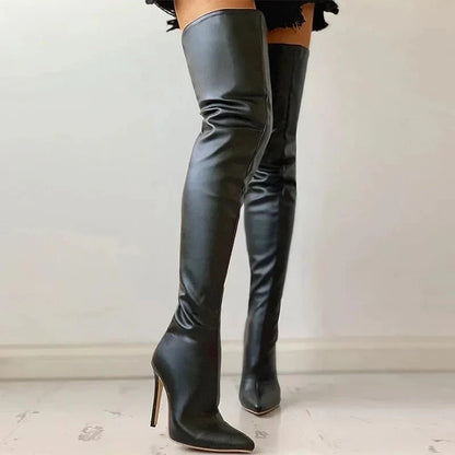 Isabella | Women’s Pointed Leather Overknee Boots with Stiletto Heel