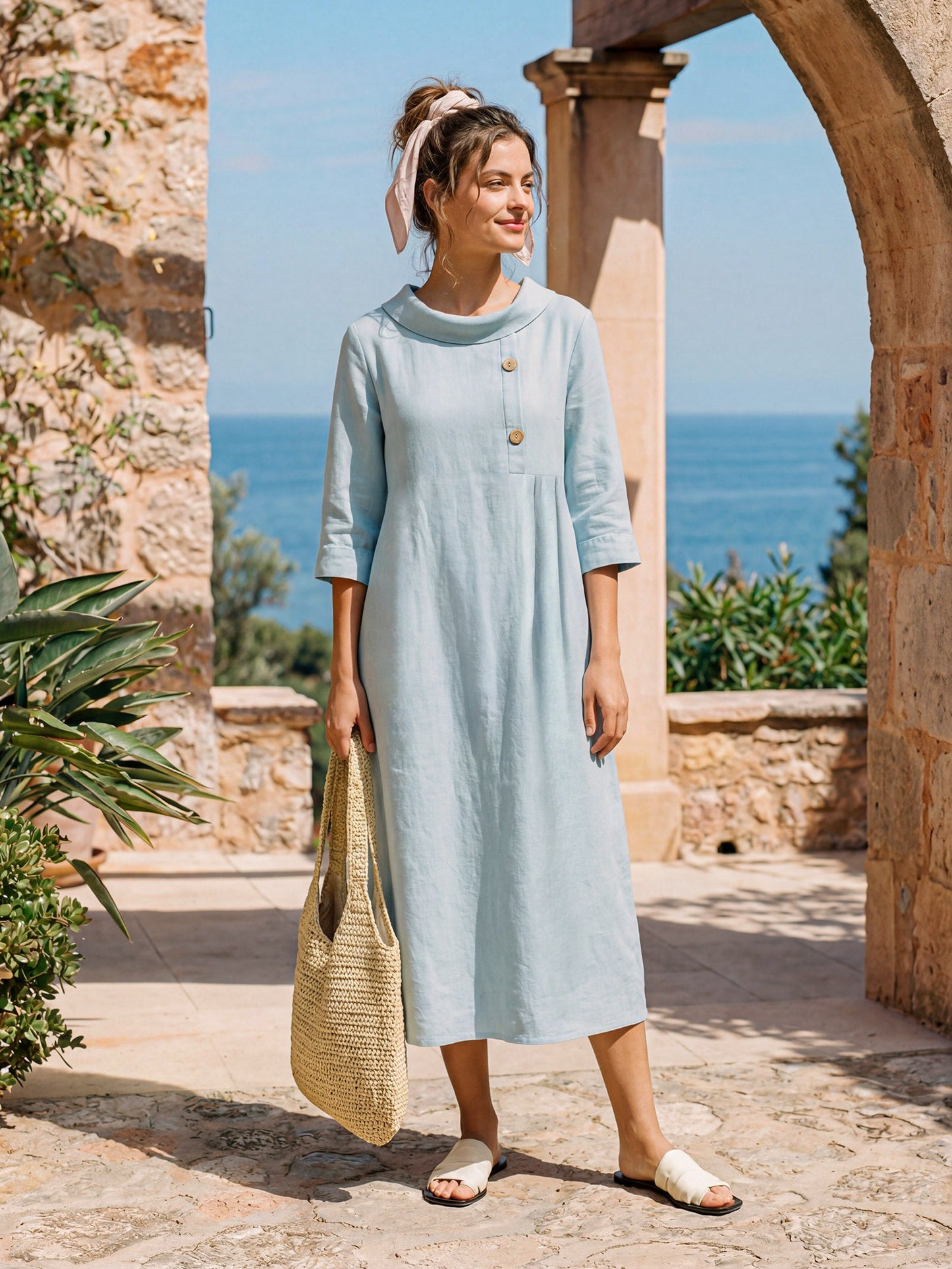 Cassidy | Women’s Linen Rolled Collar Asymmetric Button Maxi Dress