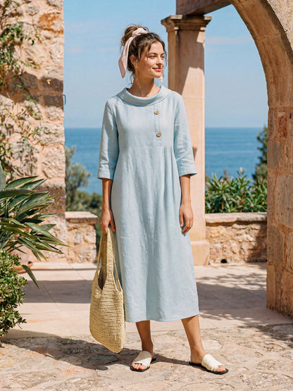 Cassidy | Women’s Linen Rolled Collar Asymmetric Button Maxi Dress