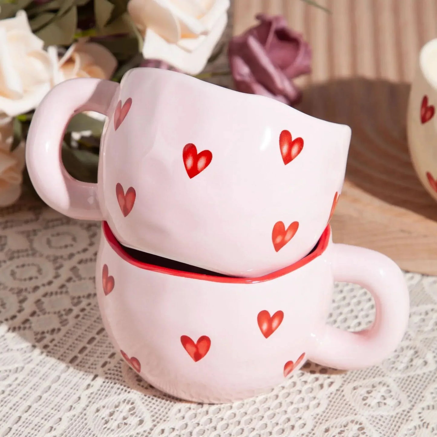 Pink Ceramic Coffee Mug | 220ml Cup with Heart Accent