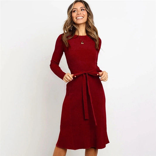 Fiona | Women’s Ribbed Knit Knee-Length Dress with Waist Tie
