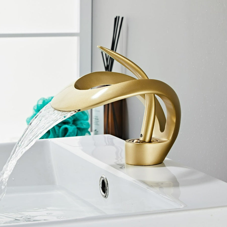 GoldenVeil Faucet | Brushed Gold Brilliance with a Serene Waterfall Flow