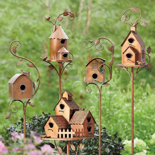 FeatherPost Metal Birdhouse | Whimsical Outdoor Décor with Rustic Charm